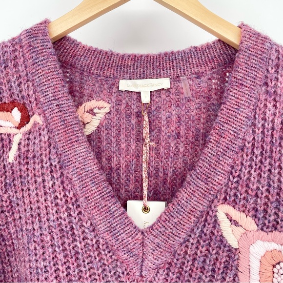 NWT LoveShackFancy Chunky Ridge Sweater with Floral Embroidery in Berry Size SM - Picture 8 of 15